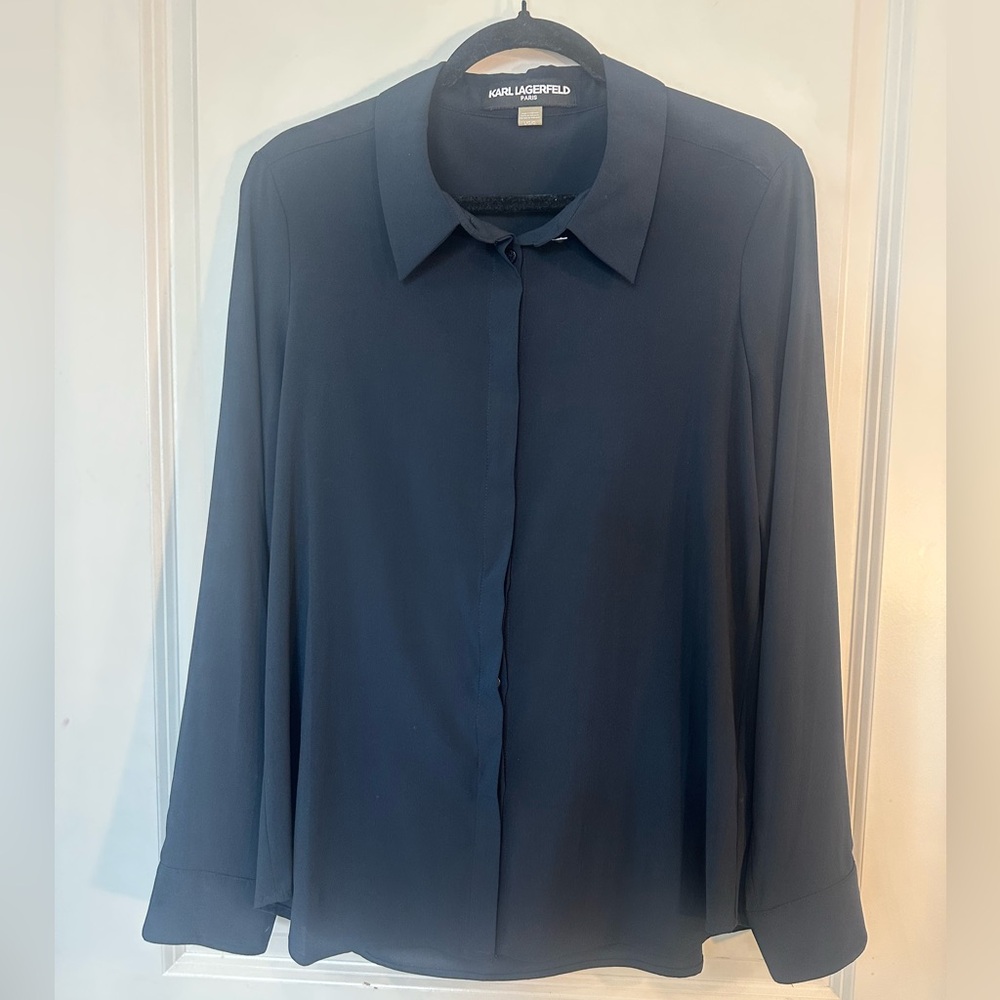 Karl Lagerfeld Black Button Up Silver Diamond Button Silky Shirt, Large